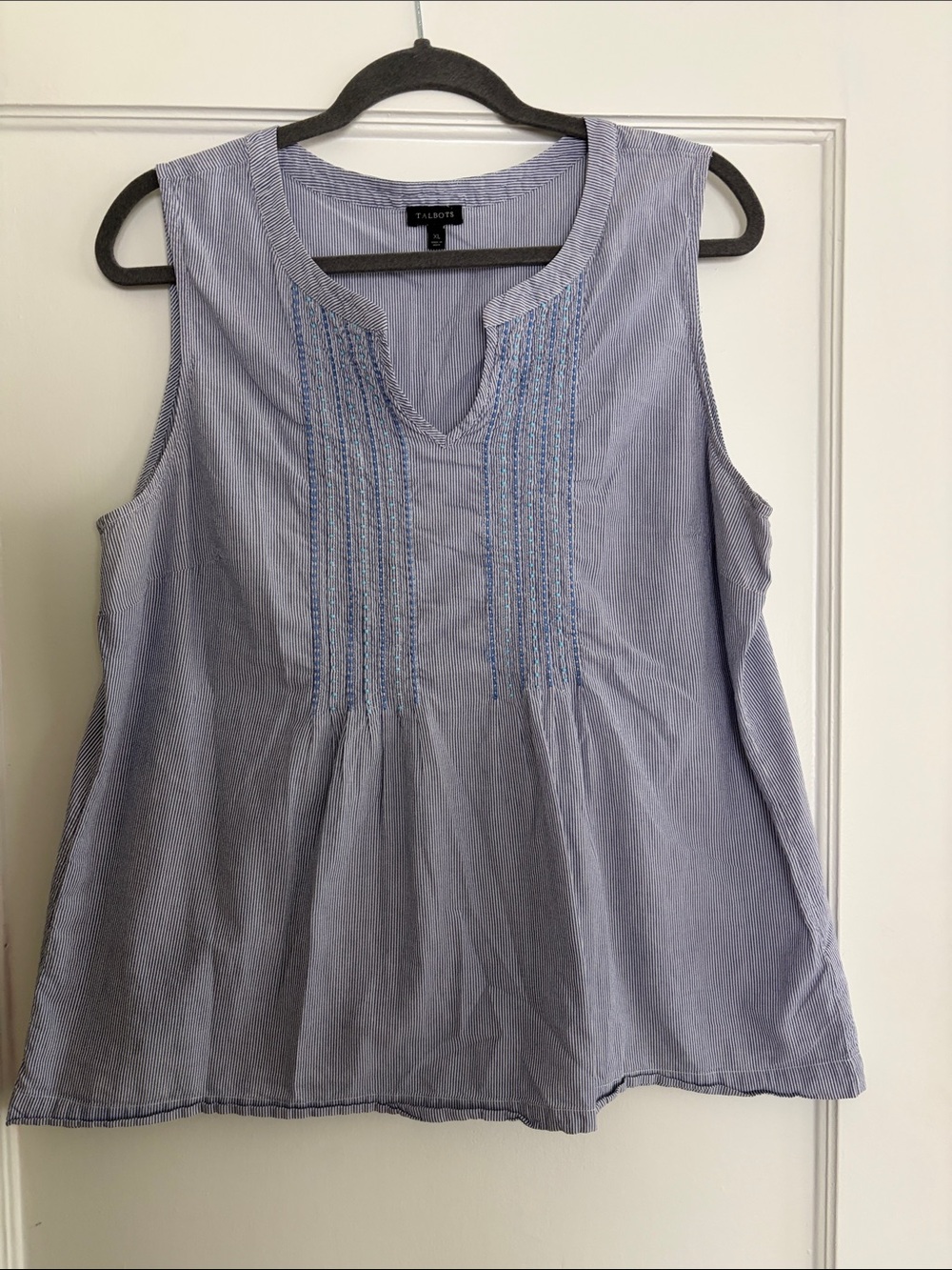 Talbots Light Blue Pinstripe Sleeveless Pintuck Top